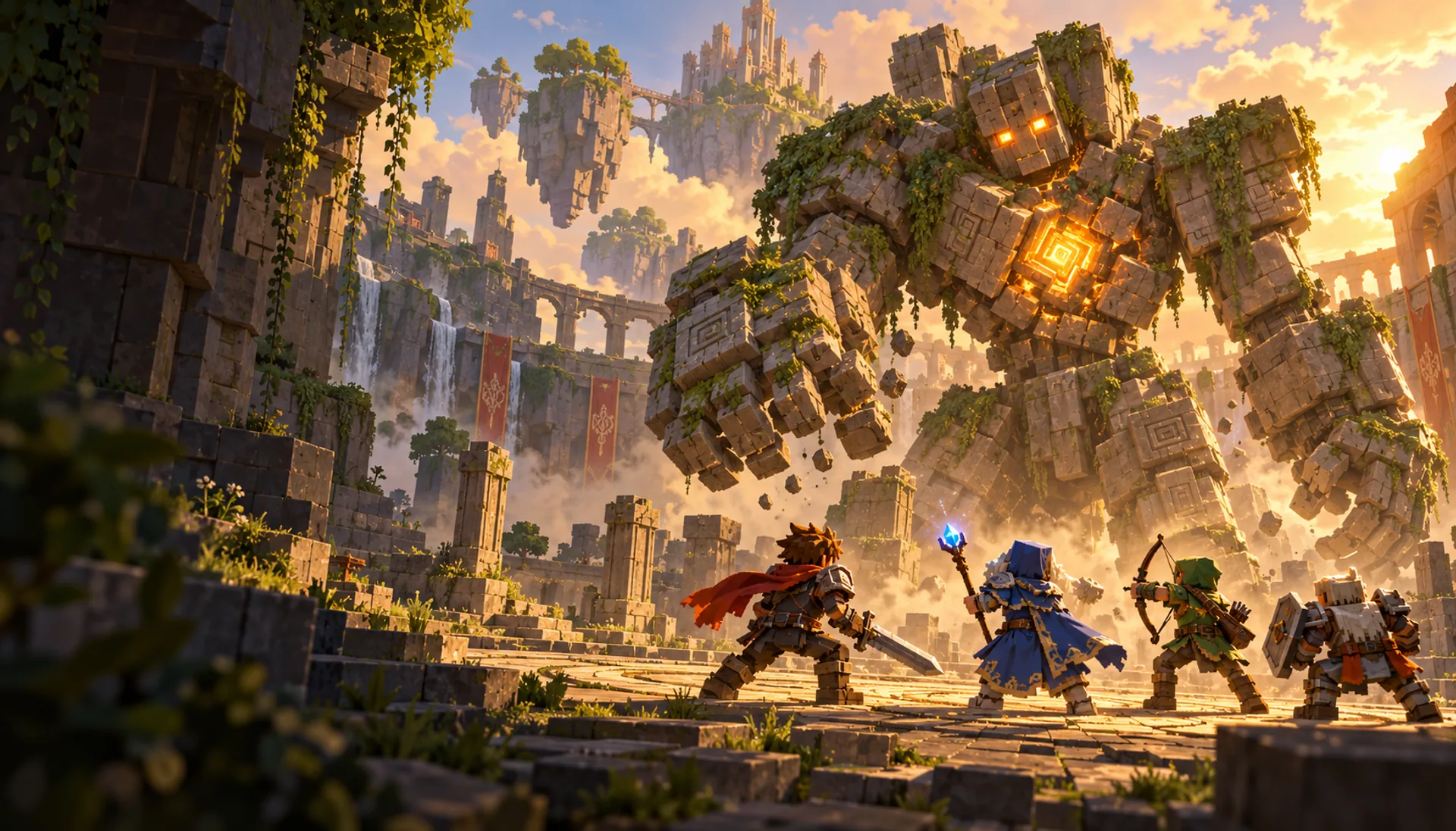 Illustration d’ambiance : quatre aventuriers cubiques face à un immense golem de pierre dans une arène fantasy baignée de lumière.